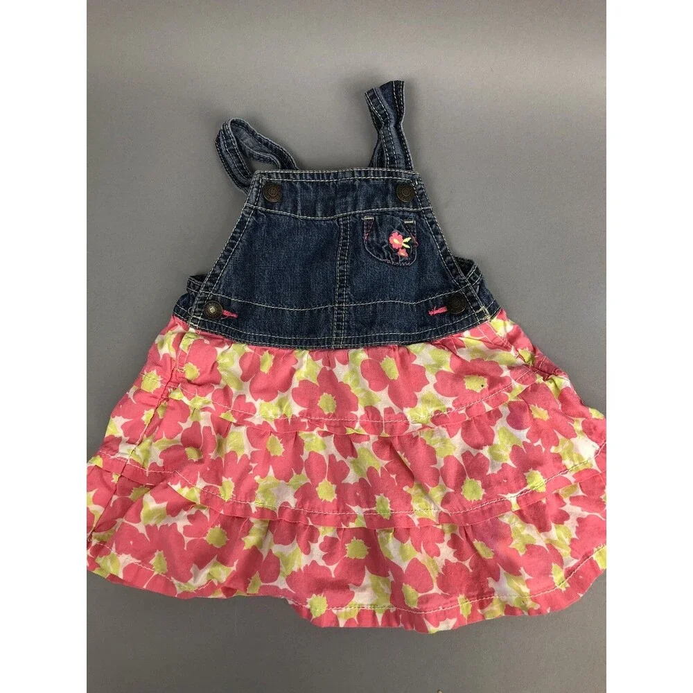 Oshkosh B'gosh Girls 18 Months Vestback Dress Denim Tiered Pink Floral Gift